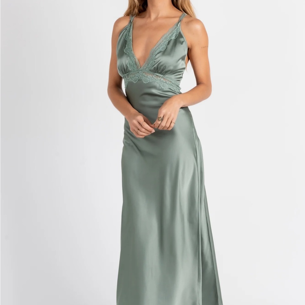 Satin Lace-Trim Slip Dress - Sage Green